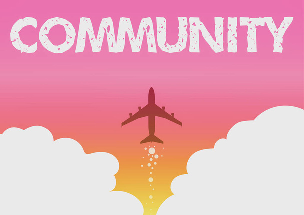 コミュニティの表示に署名します。ビジネスの概要共通の特性を持つ特定の人口が一緒に住んでいる航空機のイラスト空まで高速起動する. - 写真・画像