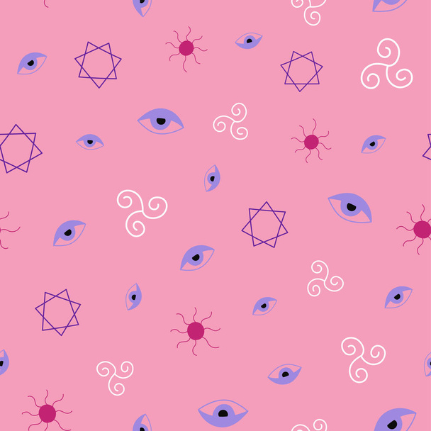Эзотерический узор с нарисованными вручную волшебными сиропами на розовом фоне. - Вектор,изображение