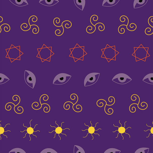 Esoterisches nahtloses Streifenmuster mit handgezeichneten magischen Symbolen auf lila Hintergrund. - Vektor, Bild