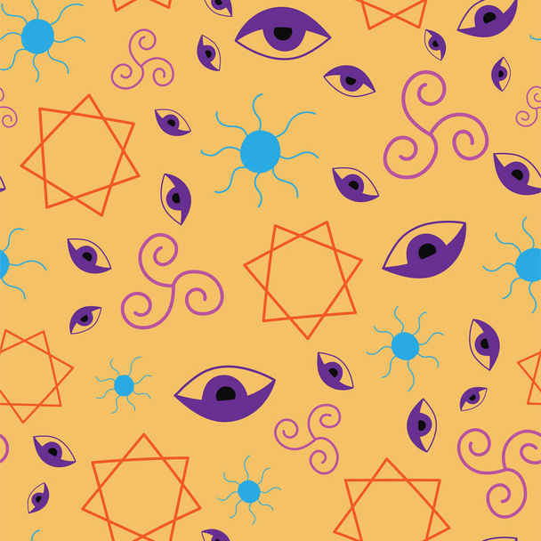 Esoterisches nahtloses Muster mit handgezeichneten magischen Symbolen auf gelbem Hintergrund. - Vektor, Bild