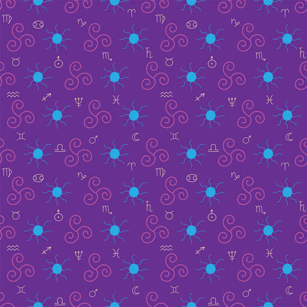 Esoterisches nahtloses Muster mit handgezeichneten magischen Symbolen und Tierkreiszeichen auf violettem Hintergrund. - Vektor, Bild