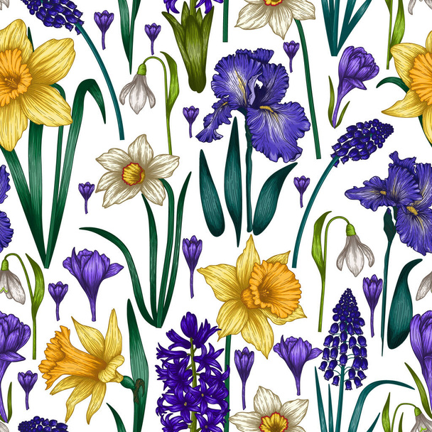  グラフィック線形の春の花とシームレスなベクトルパターン。クロッカス、スノードロップ、虹彩、ダフォジル、ヒヤシンス、ムスカリ - ベクター画像