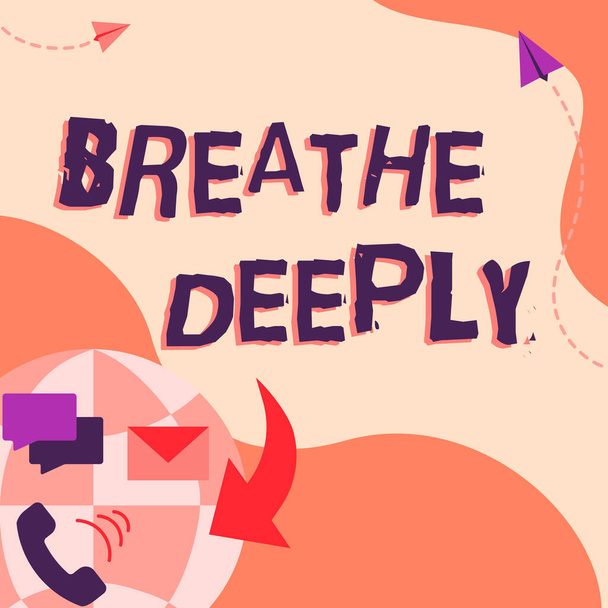 Inspiraatio osoittaa merkkejä Hengitä syvään. Liikeidea ottaa paljon ilmaa keuhkoihin sisäänhengittää täysin Internet-verkon piirustus värikkäillä viesteillä S. - Valokuva, kuva