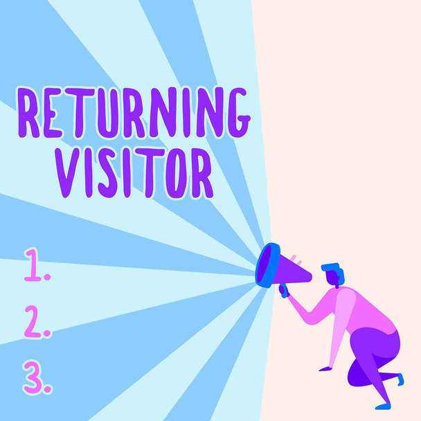 Conceptual caption Returning Visitor. Conceptual photo who had visited before and come back to your site Illustration Of A Person Kneeling Using Megaphone Making New Announcement. - Photo, Image