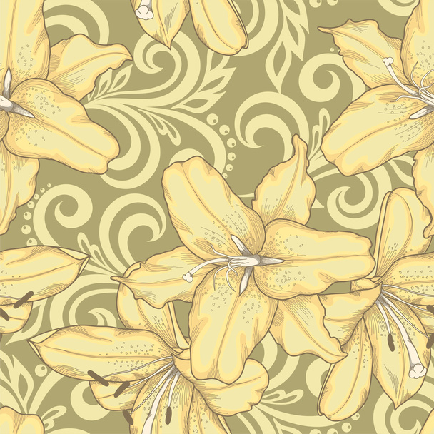 seamless pattern with lilies flowers and abstract floral swirls - Вектор, зображення
