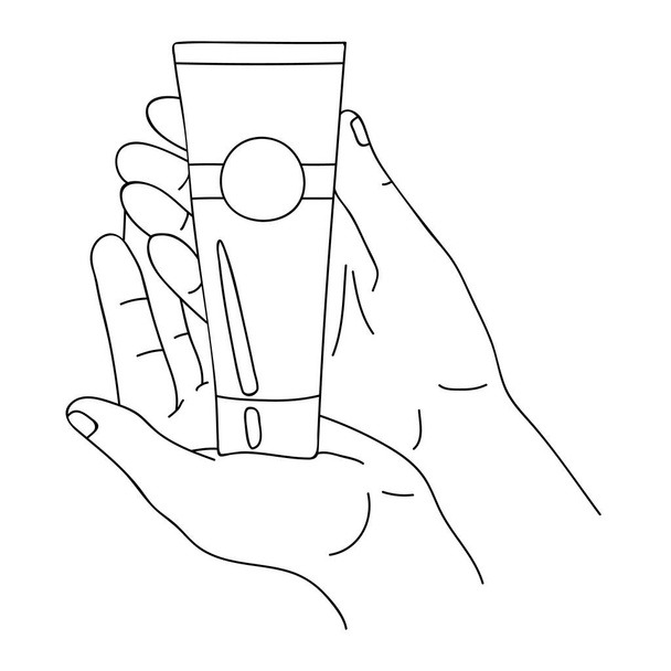 Hautpflegekonzept. Hände in realistischer Geste halten eine Tube Kosmetikcreme in der Hand. Skizze, lineare Zeichnung im minimalistischen Stil. Zarte Verjüngung. Naturkosmetik-Hautpflege für Männer und Frauen jeden Alters - Vektor, Bild