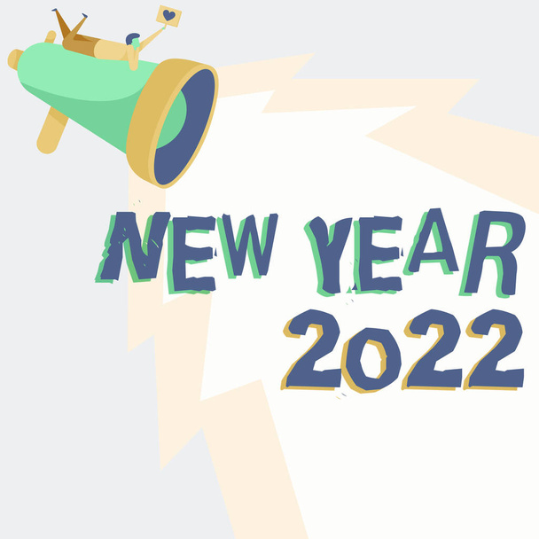 Conceptual caption New Year 2022. Word Written on Greeting Celebrating Holiday Fresh Start Best wishes Man Drawing On Megaphone Producing Lighting Making Lovely Message. - Photo, Image