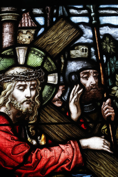 The church of the Holy Trinity.  Stained glass window.  Passion of Christ. Way of the cross.  Geneva. Switzerland.  - Photo, Image
