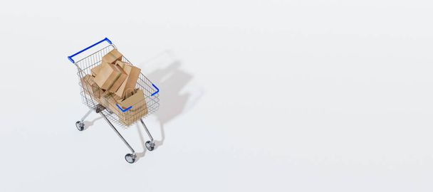 Nákupní košík plný předmětů na bílém pozadí. koncept internetového nakupování - 3D vykreslení - Fotografie, Obrázek