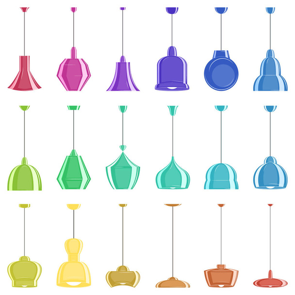 Kattolamppu. Lampunvarjostin eri muotoja ja värejä kodin valaistus. Lamppu suunnittelu muodikas sisustus. Joukko vektori kuvakkeet, tasainen, sarjakuva, monivärinen, eristetty - Vektori, kuva