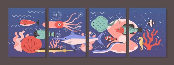 Water cartoon posters. Nature underwater background with minimalistic art. Fish and seaweeds. Undersea animals. Swordfish and squid. Aquatic fauna. Vector ocean collage banners set - Vector, Image
