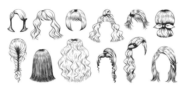 Hajvázlat. Női frizura ceruza rajz. Női hosszú vagy rövid haj vagy paróka. Lányok szépsége. Különböző coiffure stílusos modellek fonott, zsemle és lófarok. Vektor csillogó frizura készlet - Vektor, kép