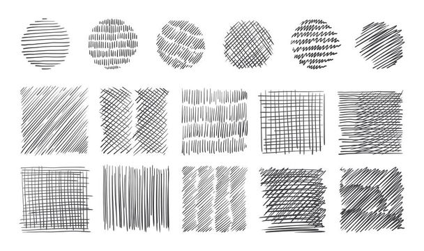 Pencil stroke pattern. Pen doodle scrawl. Hand drawn sketch texture with pen lines. Cross or parallel hatch. Black and white backgrounds. Vector square and round hatching shapes set - Vector, Image