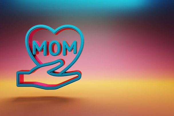 Сердце Мбаппе со словом MOM на разноцветном ярком фоне. 3d визуализация иллюстрации. Фоновый рисунок для дизайна. День матери. - Фото, изображение