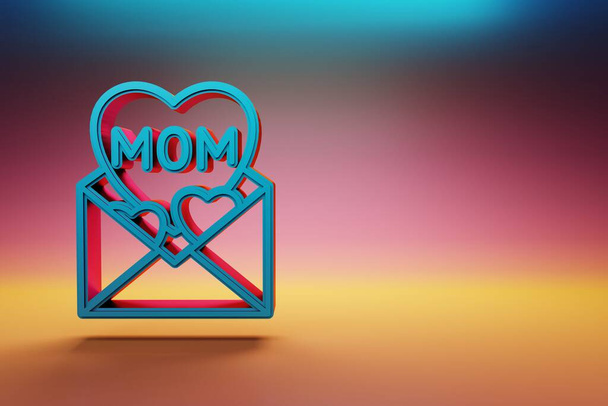 Beautiful message with word mom and heart icons on multicolor bright background. 3d rendering illustration. Background pattern for design. Mothers Day. - Foto, afbeelding