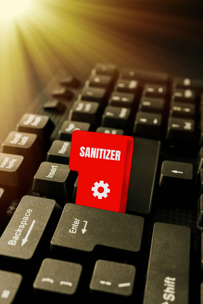 Λεζάντα κειμένου που παρουσιάζει Sanitizer. Επιχειρηματική επισκόπηση υγρό ή τζελ που χρησιμοποιείται γενικά για τη μείωση μολυσματικών παραγόντων Πληκτρολογώντας περιγραφές εικόνας και λέξεις-κλειδιά, Είσοδος Νέα ιστοσελίδα στο Διαδίκτυο - Φωτογραφία, εικόνα