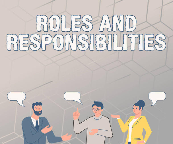 Text sign showing Roles And Responsibilities. Business idea Business functions and professional duties Partners Chatting Building New Wonderful Ideas For Skills Improvement. - Photo, Image