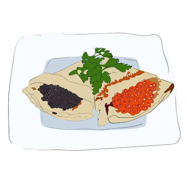 Russische Pfannkuchen mit rotem und schwarzem Kaviar - Vektor, Bild