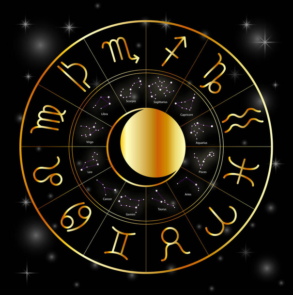 Circolo astrologico zodiacale Segni astrologici dorati con luna e stelle su nero - Vettoriali, immagini