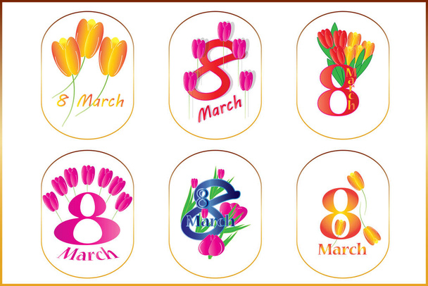 Conjunto de 6 vetor feriado cumprimentar ícones de 8 de março. Cartão minimalista para mulheres. Flores e texto sobre um fundo branco. - Vetor, Imagem