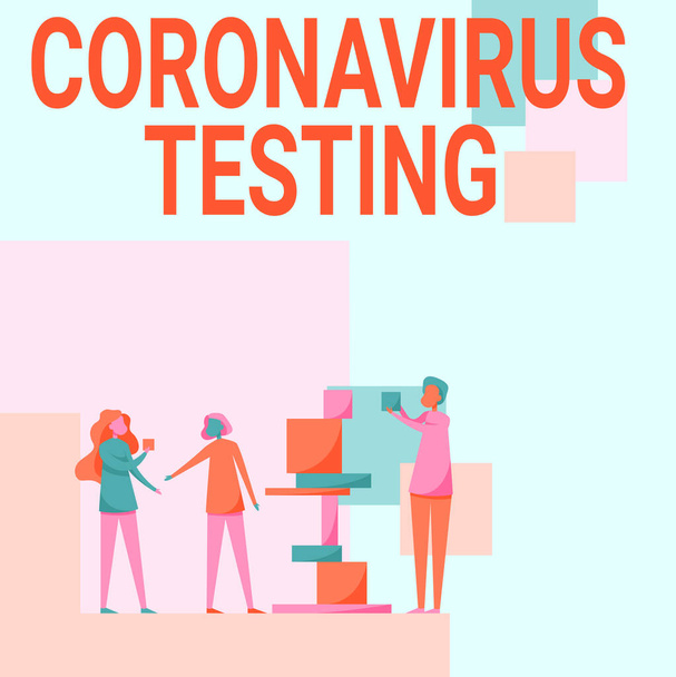 Hand writing sign Coronavirus Testing. Word for Collection of samples from a viable patient to identify SARSCoV2 Three Colleagues Standing Helping Each Other With Building Blocks. - Photo, Image