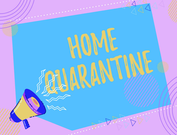 Text sign showing Home Quarantine. Word for Encountered a possible exposure from the public for observation Illustration Of A Loud Megaphone Making New Wonderful Announcement Public - Foto, imagen