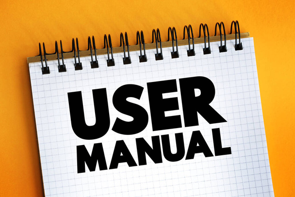 Manual do usuário - destina-se a ajudar os usuários a usar um determinado produto, serviço ou aplicativo, texto no bloco de notas - Foto, Imagem