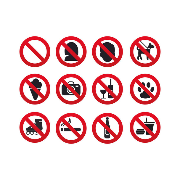 Kein Stoppschild. Rauchen verboten, kein Hund oder Haustiere. Verbotsschilder aufstellen. große Menge nützlicher und ungewöhnlicher verbotener Schilder - Vektor, Bild