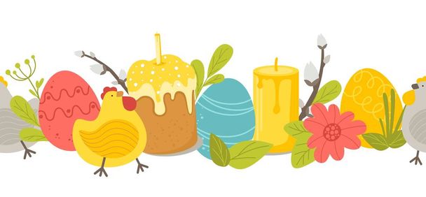 Horizontální velikonoční vzor s vrbovým, pestrobarevným vejcem, koláčem a kuřetem na bílém pozadí. Vektorová ilustrace v plochém stylu - Vektor, obrázek