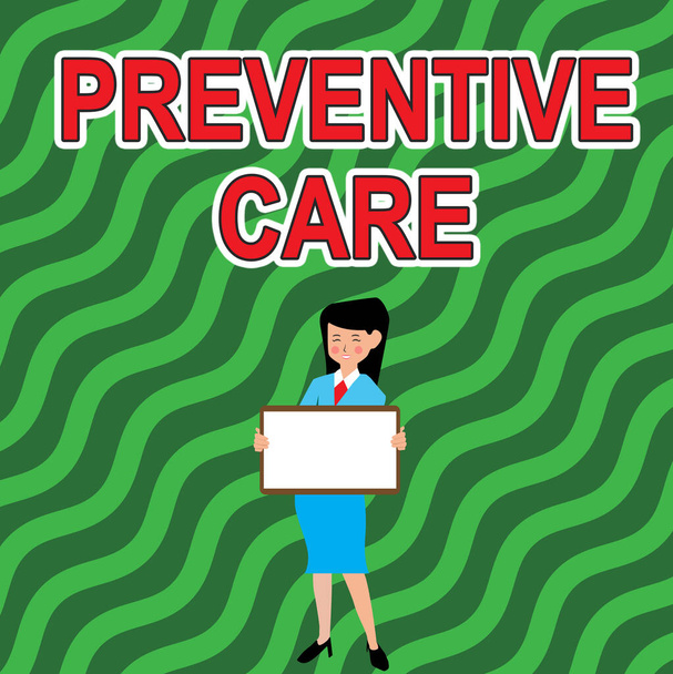Text caption presenting Preventive Care. Internet Concept care that you receive to prevent illnesses or diseases Beautiful Lady Standing Holding Whiteboard Presenting New Announcement. - Photo, Image
