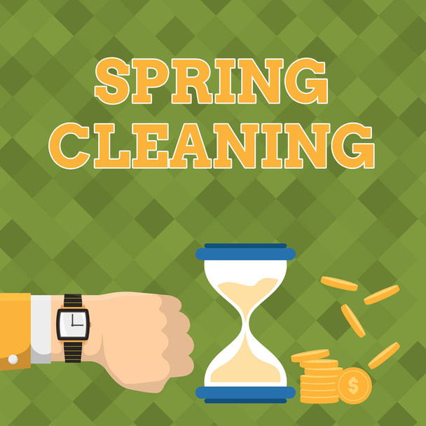 Conceptual caption Spring Cleaning. Business approach thorough cleaning of a house or room during spring Businessman Using Wristwatch Showing Hourglass Indicating Valuable Measures. - Photo, Image