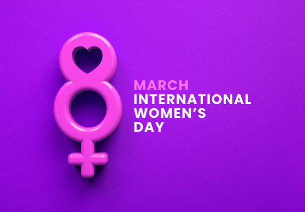 Womens Day icon social media post with March 8 and female symbol on purple background in 3D illustration. International feminism, independence, sisterhood, empowerment and activism for women rights - Photo, Image