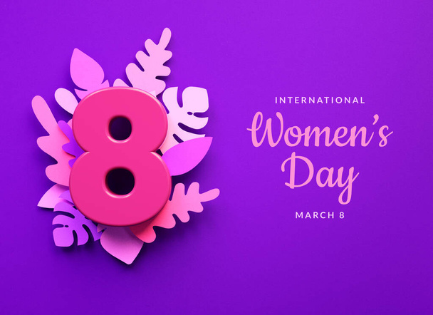 Día Internacional de la Mujer plantilla de post de medios sociales con el número 8 y adornos florales en la ilustración 3D. 8 de marzo por el feminismo, la independencia, la hermandad, el empoderamiento, el activismo por los derechos de las mujeres - Foto, Imagen