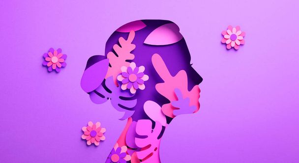 Plakat Międzynarodowego Dnia Kobiet z sylwetką kobiety i kwiatowymi ozdobami w wyciętym papierem 3D ilustracji. Kobieca ulotka o feminizmie, niezależności, upodmiotowieniu i idei równouprawnienia w Dniu Kobiet - Zdjęcie, obraz