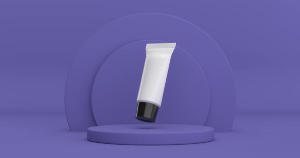 Vídeo de resolución 4k: Tubo blanco de crema cosmética en blanco con espacio vacío para el diseño tuyo Girando sobre violeta Muy Peri Cilindros Productos Pedestal de escenario sobre una animación de lazo de fondo violeta Muy Peri - Imágenes, Vídeo