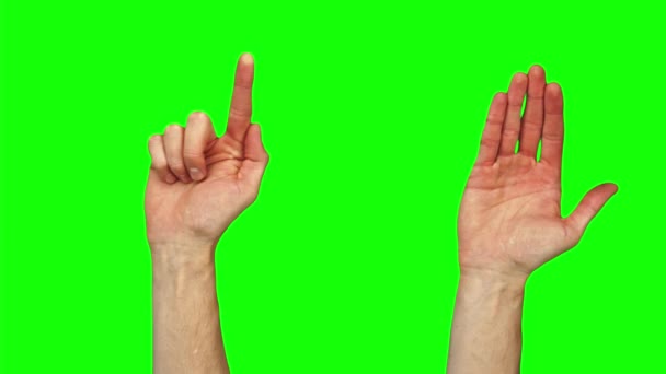 30 χειρονομίες για τον έλεγχο της εικονικής οθόνης αφής με αρσενικό καυκάσιο χέρι στην πράσινη οθόνη - Πλάνα, βίντεο