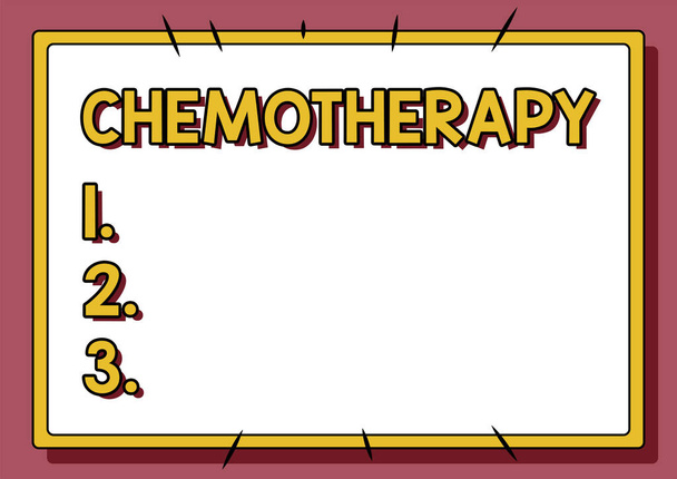 Kavramsal başlık kemoterapi. Ticari konsept: Kimyasal maddeler kullanılarak hastalığın tedavisi Çizgi Çizgisi Şekiller ve Renkler. - Fotoğraf, Görsel