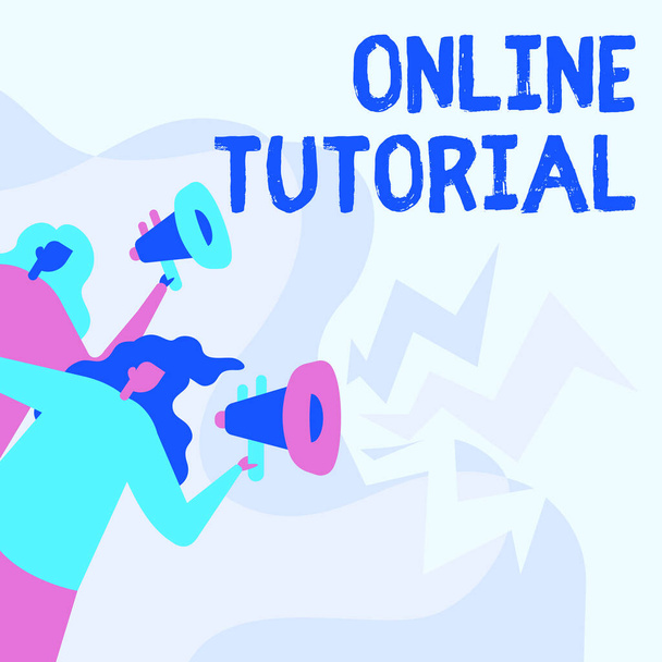 Text showing inspiration Online Tutorial. Business approach process of tutoring in an online or virtual environment Women Drawing Holding Megaphones Making Announcement To The Public. - Photo, Image