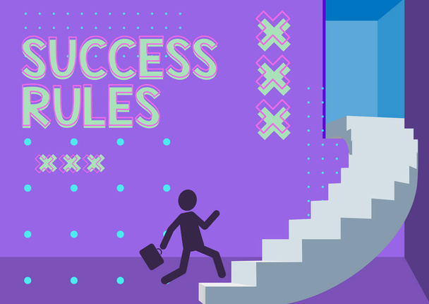 Правообладатель иллюстрации Success Rules Бизнес-концепция установила способы постановки целей, облегчающие достижение джентльмена в костюме, бегущего вверх по большой лестнице, демонстрирующей прогресс. - Фото, изображение