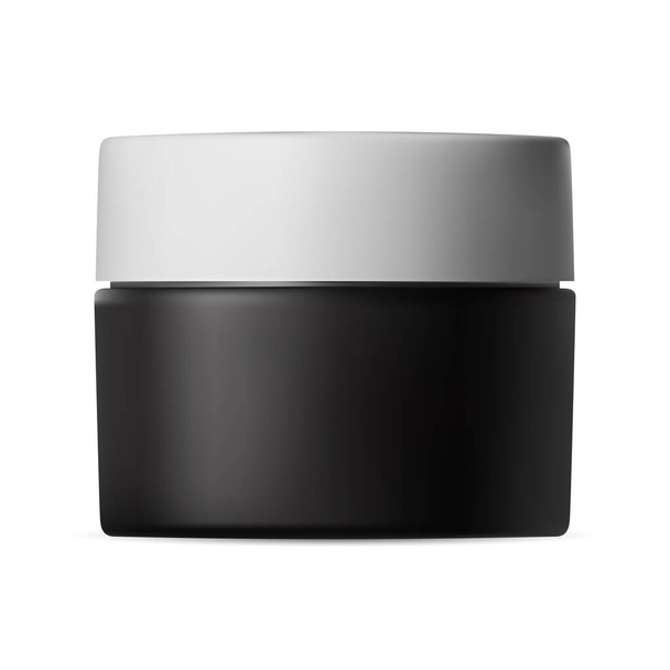 Black plastic cream jar white lid. Beauty cosmetic mockup. Face skin blush powder can, makeup cosmetic template. Wax or hand scrub pack, lotion or butter package on white background - Vector, Imagen