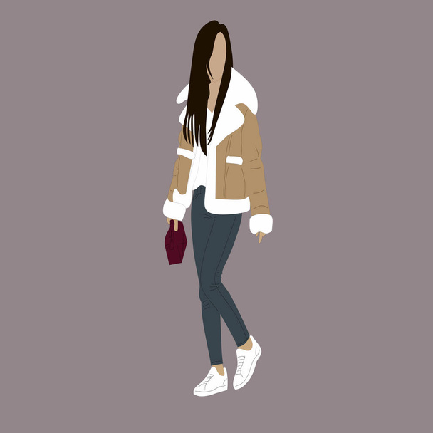  Vector illustration of Kpop street fashion. Street idols of Koreans. Kpop women's fashion idol. A girl in blue jeans, a brown jacket and a burgundy handbag and white sneakers. - Vector, imagen