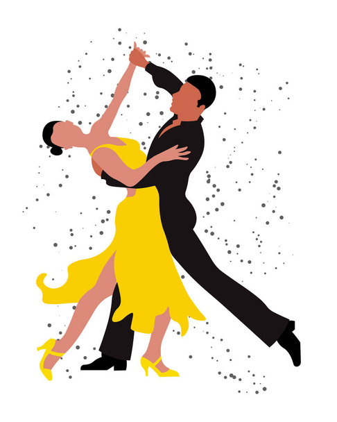 İllüstrasyon, dans eden bir çift, siyahlı bir adam ve şık pozlarda sarı elbiseli bir kadın. Poster, baskı, kartpostal - Vektör, Görsel