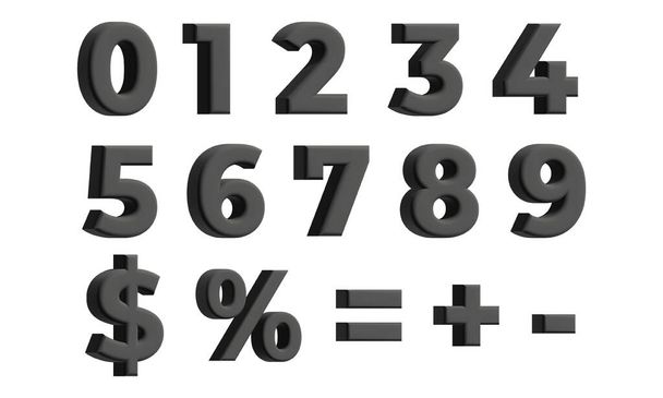 Black 3D Numbers with Dollar, Percentage, Plus, Minus, Equality Signs. 3D Illustration Isolated on White Background - Φωτογραφία, εικόνα