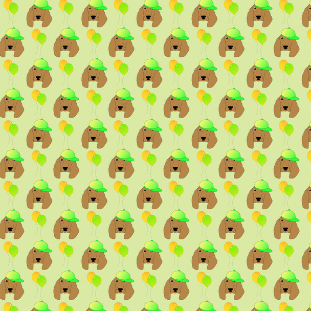  A seamless pattern with spaniel dogs and balloons on light green background, vector illustration, eps 10 - Vetor, Imagem