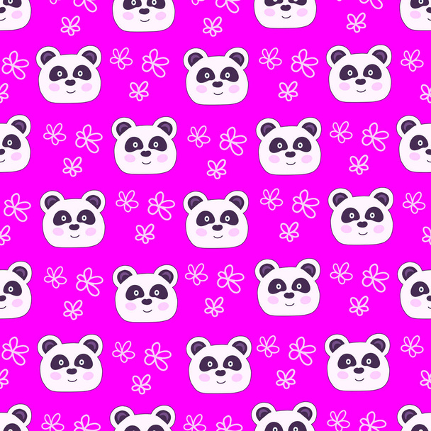 Cute panda faces with flowers seamless pattern.Vector Illustration for printing, backgrounds, covers, packaging, greeting cards, posters, stickers, textile and seasonal design. - Vetor, Imagem