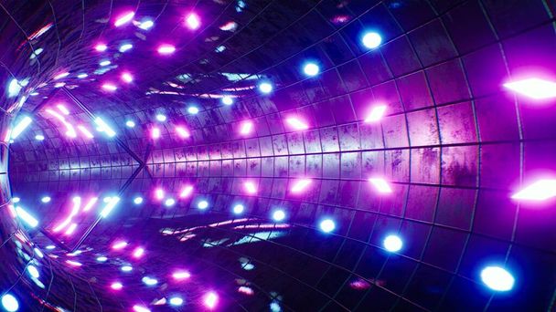 Neon Rengi Grunge Tüneli 'nin 3 boyutlu çizim arka planında soyut Mor ve Mavi Işık. - Fotoğraf, Görsel