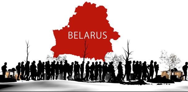 Refugees and immigrants looking for a new life expectancy. Column of migrants crossing desolate and snow-covered lands. Silhouette. Abandon their lands for a better future. Belarus map. 3d rendering  - Photo, Image