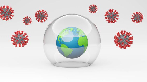 Εστία του ιού της Κορόνας. Επιδημική έννοια της προστασίας του ιού. 3D απόδοση - Φωτογραφία, εικόνα