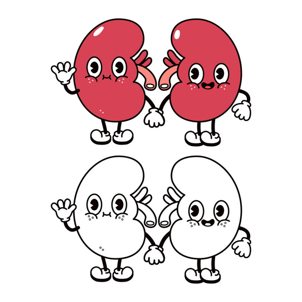 Cute funny kidneys waving hand character. Vector hand drawn traditional cartoon vintage, retro, kawaii character illustration icon. Happy kidneys outline cartoon illustration for coloring book - Vector, Image