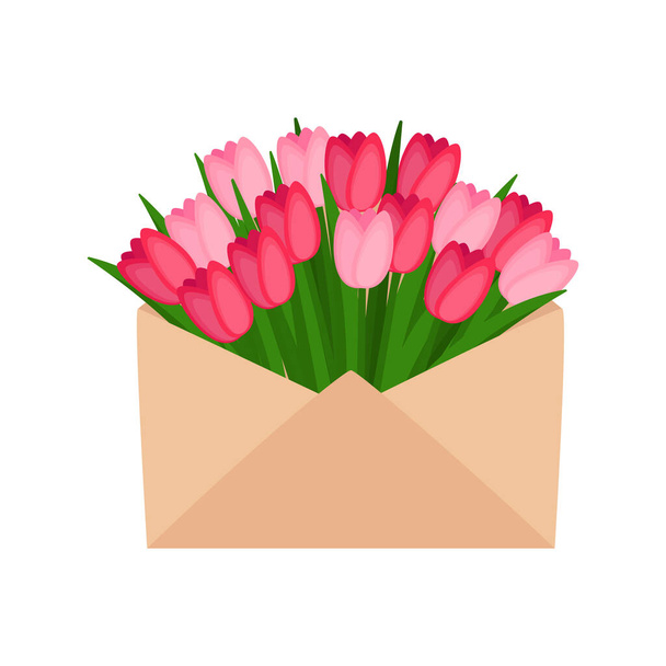 Ramo de tulipanes de primavera en sobre. Día Internacional de la Mujer. Feliz día de la madre. Ilustración vectorial - Vector, Imagen